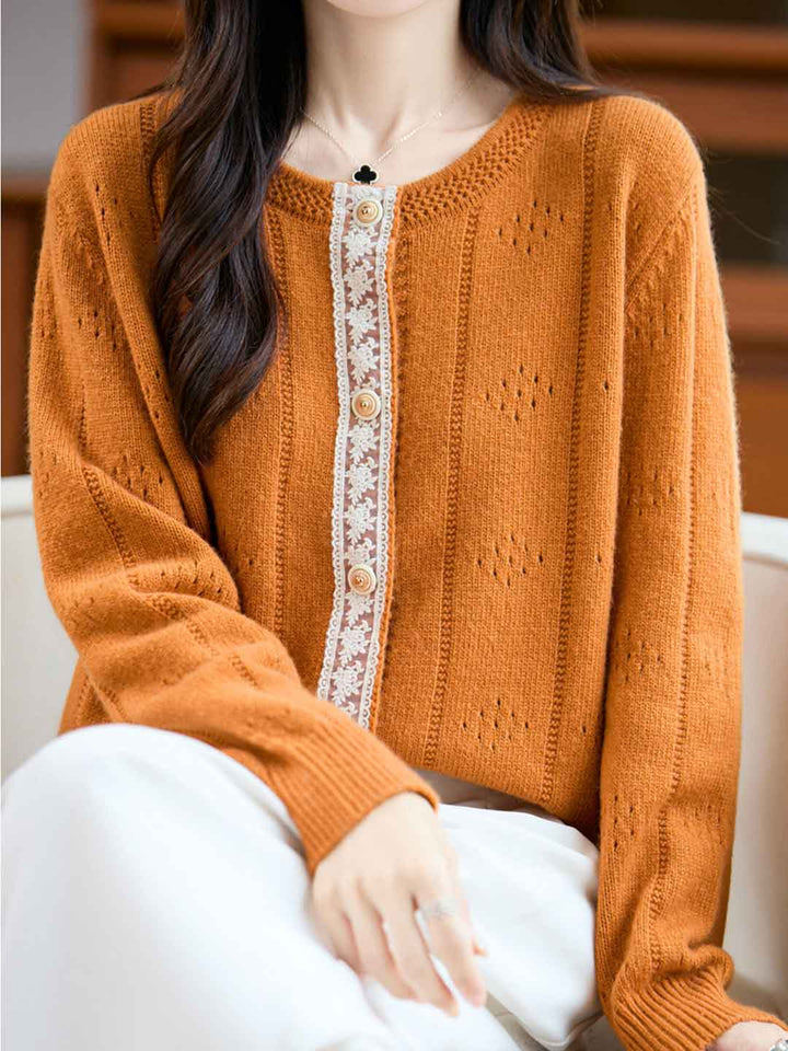 Julia Loose Crew Neck Solid Color Lace Knitted Cardigan