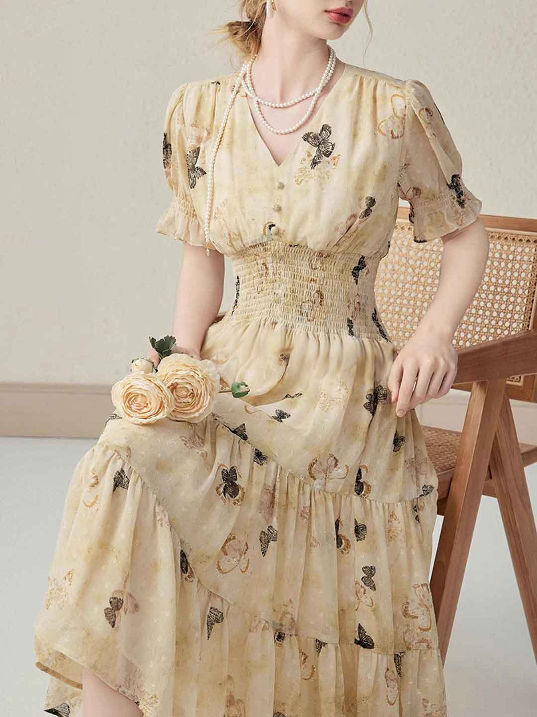 Mia Sweet V-Neck Puff Sleeve Chiffon Floral Dress