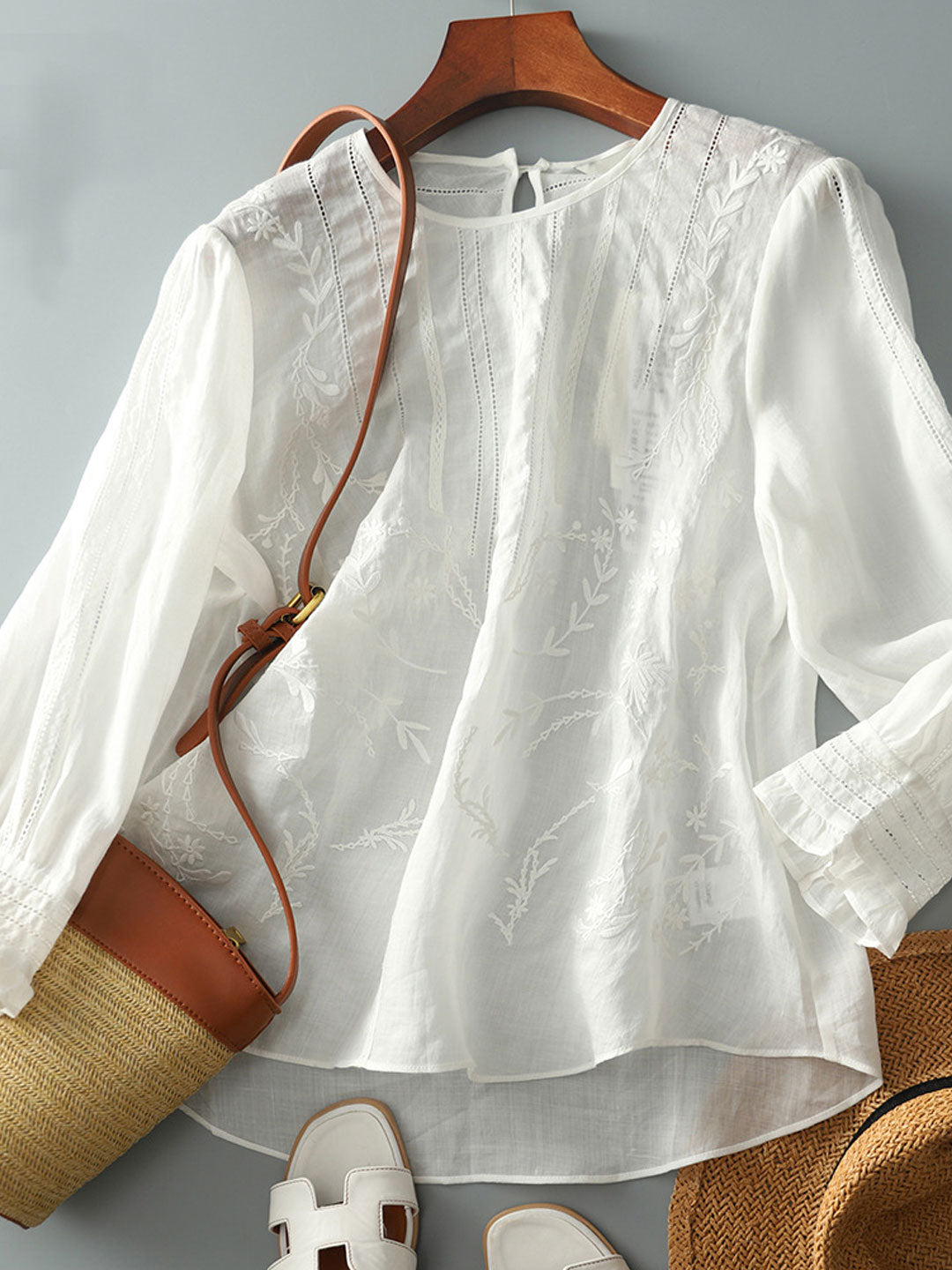 Claire Retro Crew Neck Solid Color Embroidered Hollowed Top