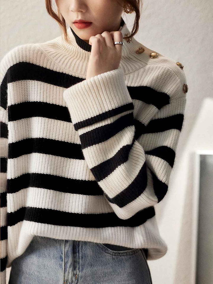 Hailey Turtleneck Buttons Striped Knitted Sweater