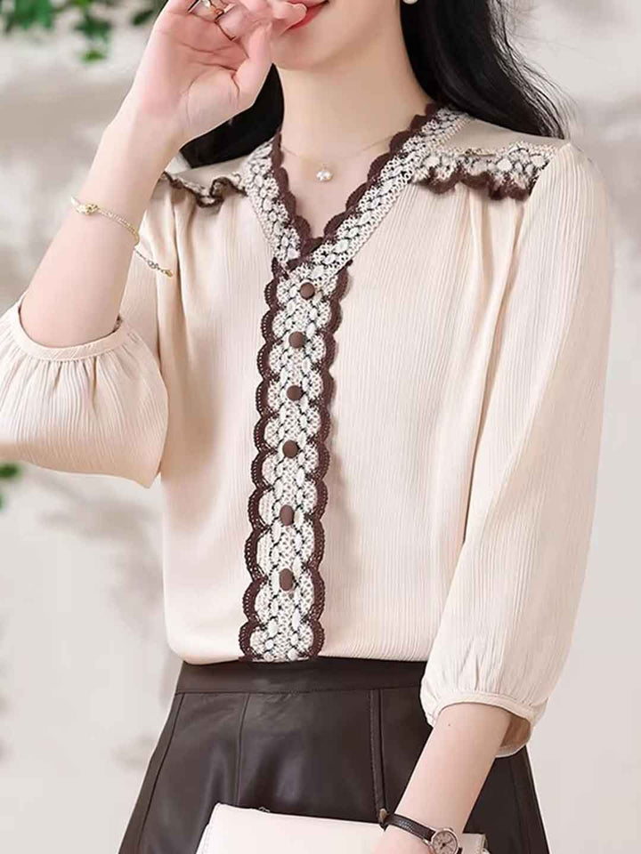 Nevaeh Casual V-Neck Embroidered Satin Shirt