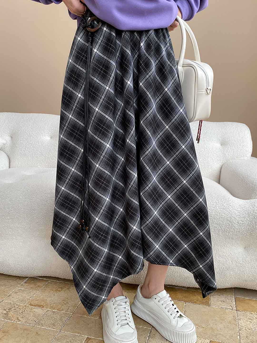 Emily Irregular Color-Blocked Plaid Skirt