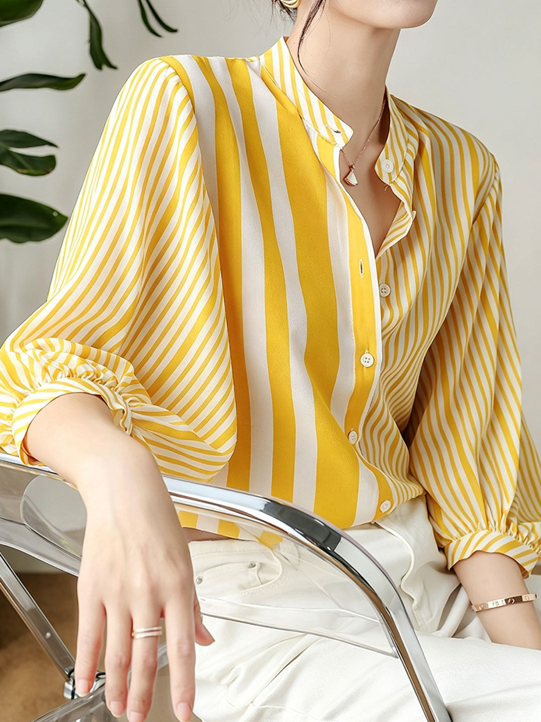 Lillian Loose Stand-Up Collar Striped Shirt