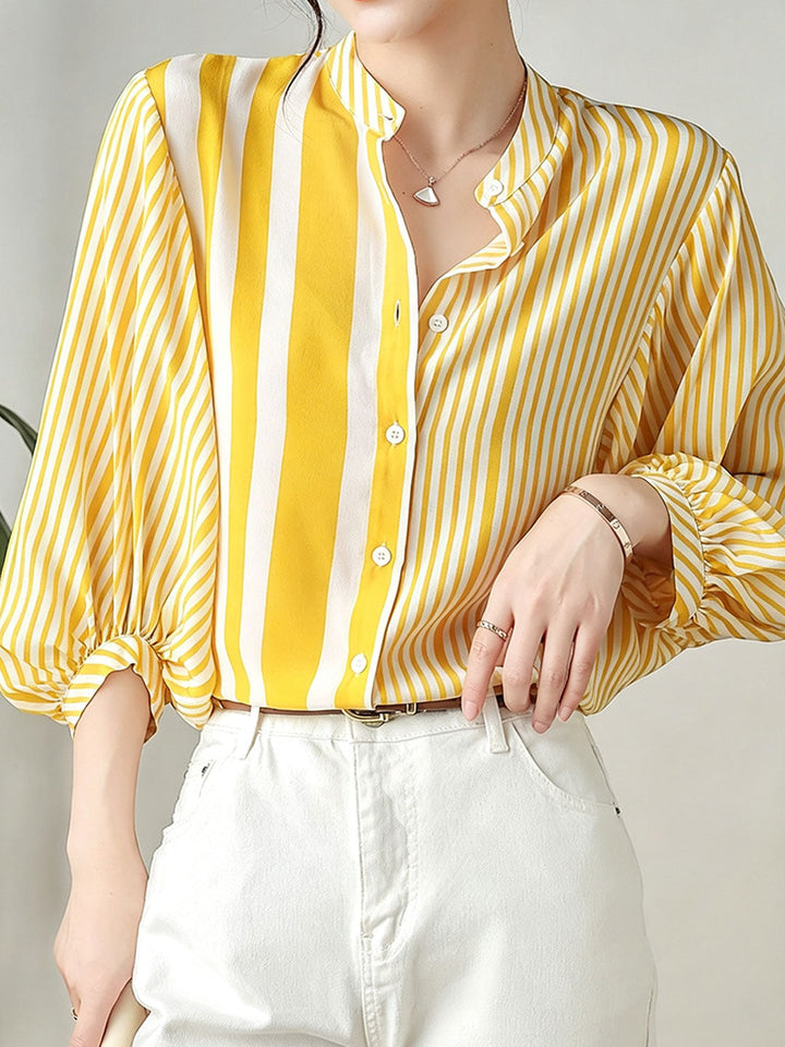 Lillian Loose Stand-Up Collar Striped Shirt