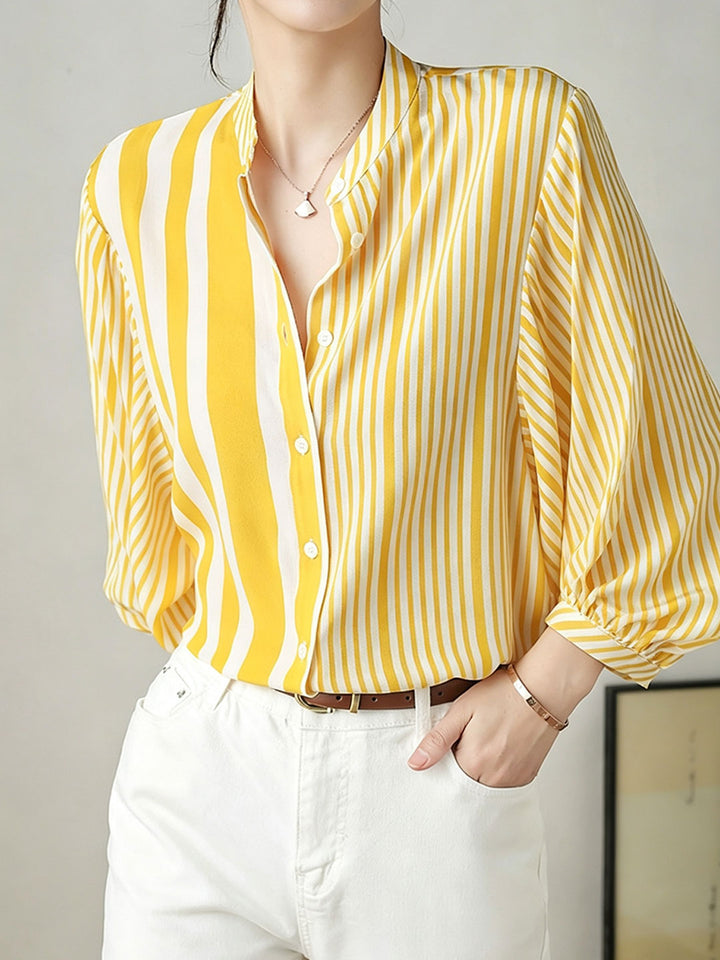 Lillian Loose Stand-Up Collar Striped Shirt