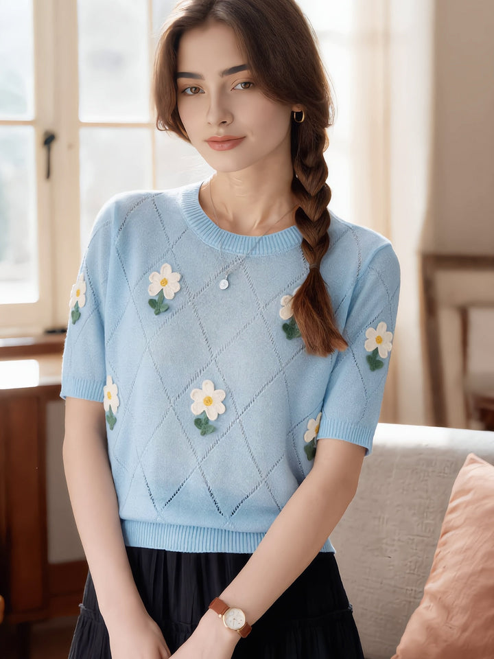 Emily Classic Crew Neck Hollowed Embroidered Knitted Top