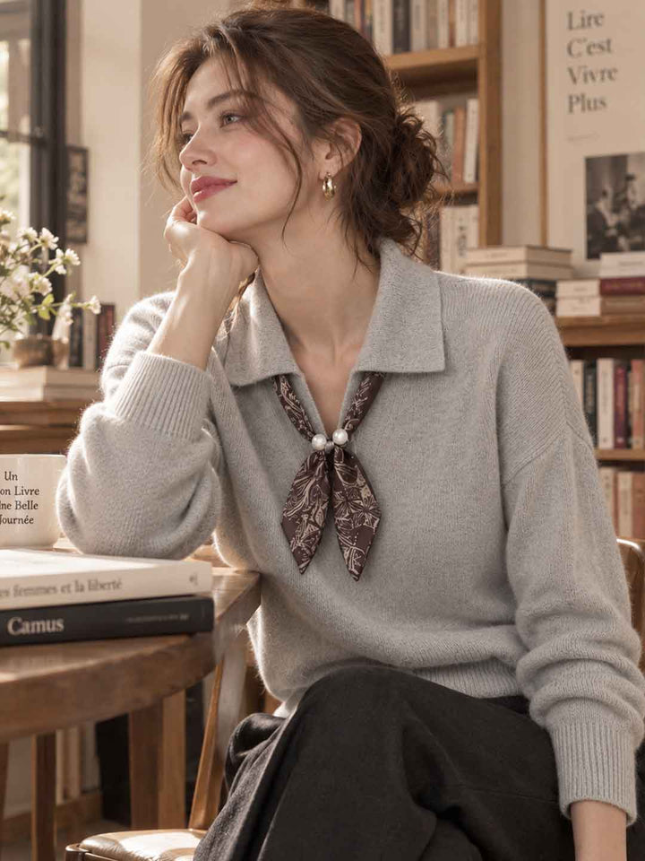 Polo Collar Silk Scarf Detail Sweater