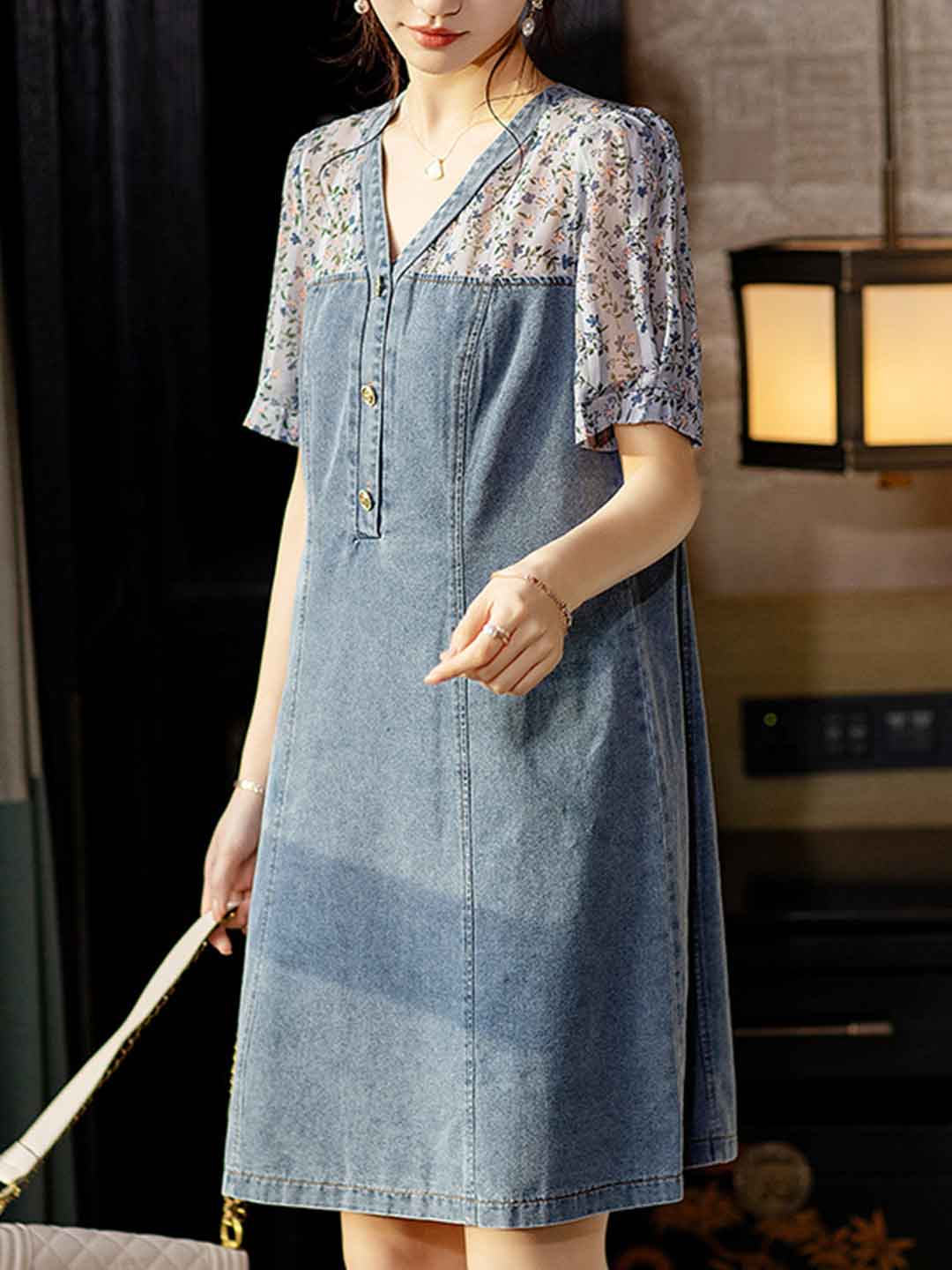 Madison Casual V-Neck Printed Patchwork Dress