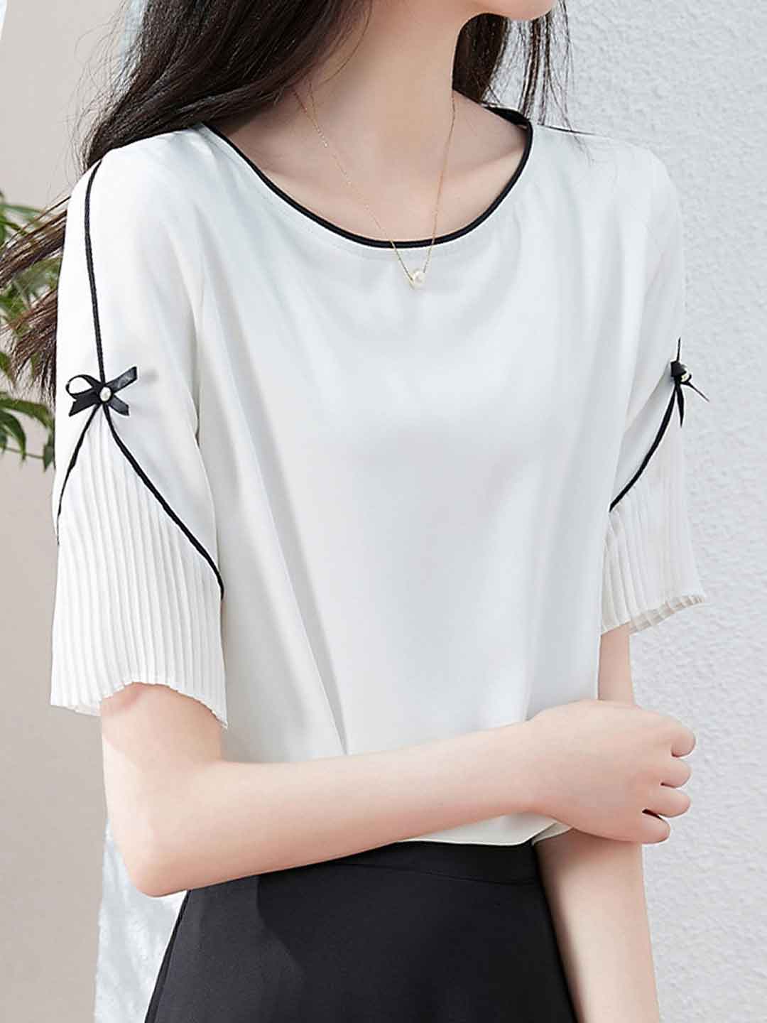 Caroline Elegant Crew Neck Bow Chiffon Top