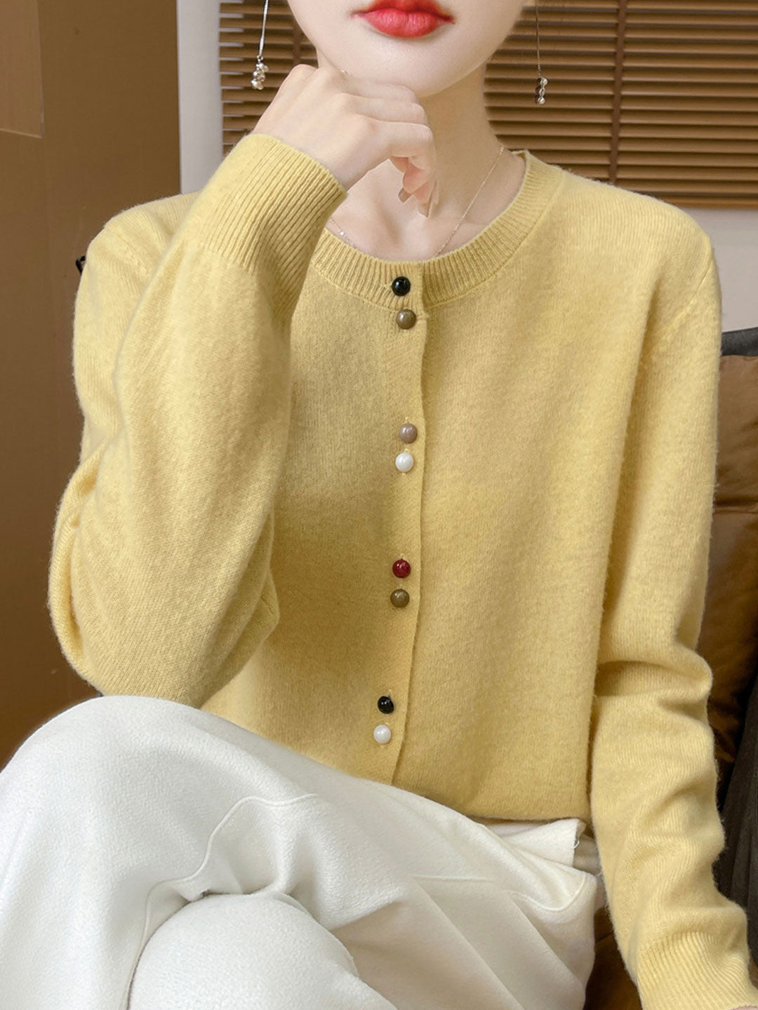 Mya Loose Crew Neck Solid Color Knitted Cardigan-Pink