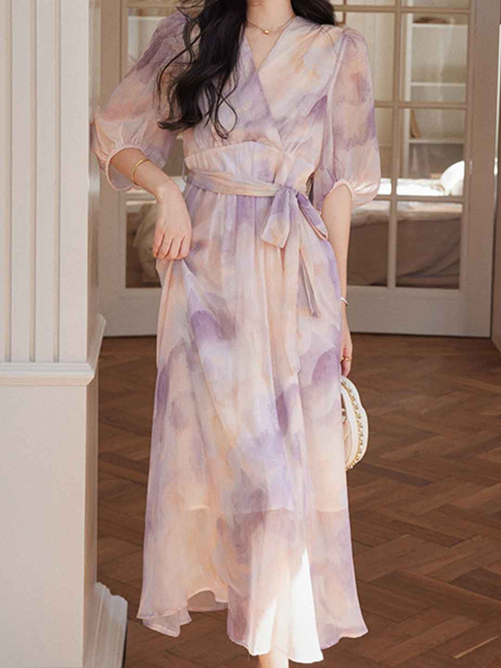 Abigail Classic V-Neck Floral Printed Tie Dress
