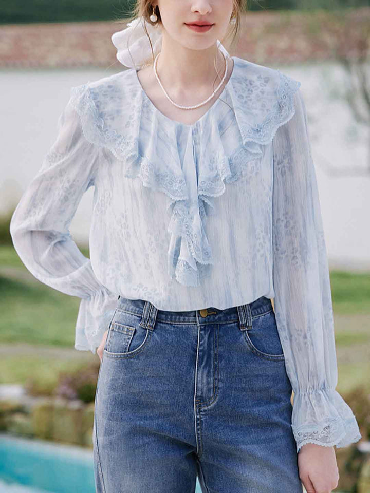 Madelyn Vintage V-Neck Ruffled Lace Blouse