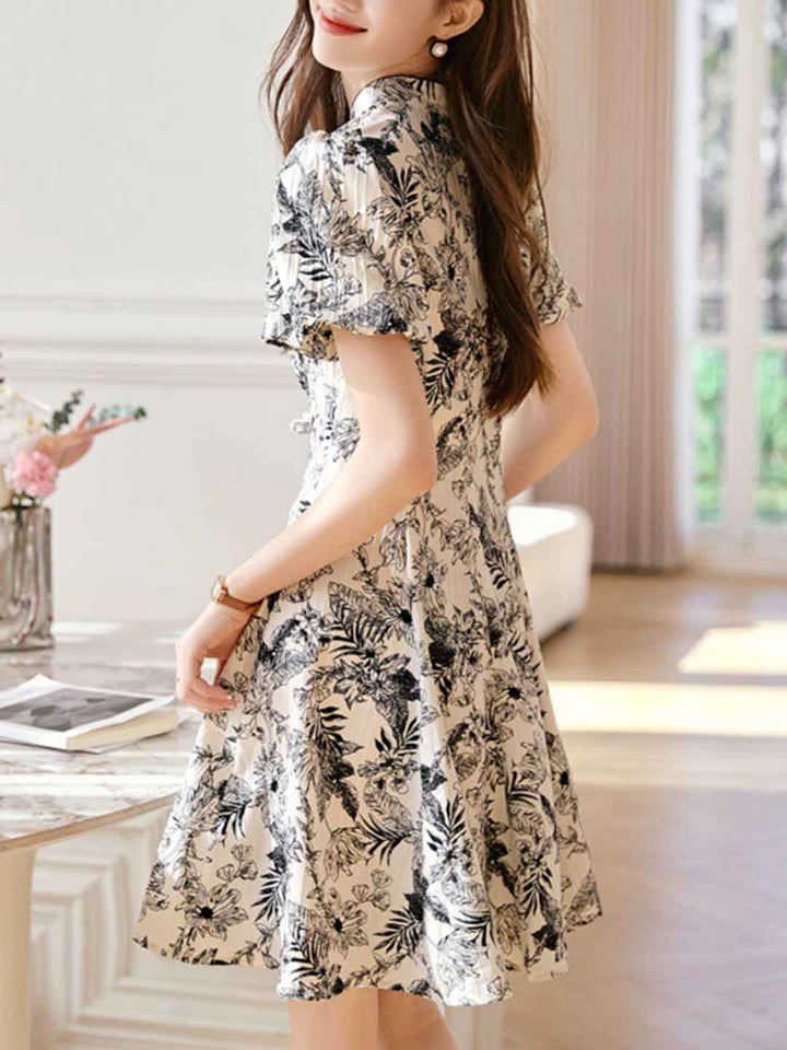 Mariah Elegant High Collar Buttons Printed Dress