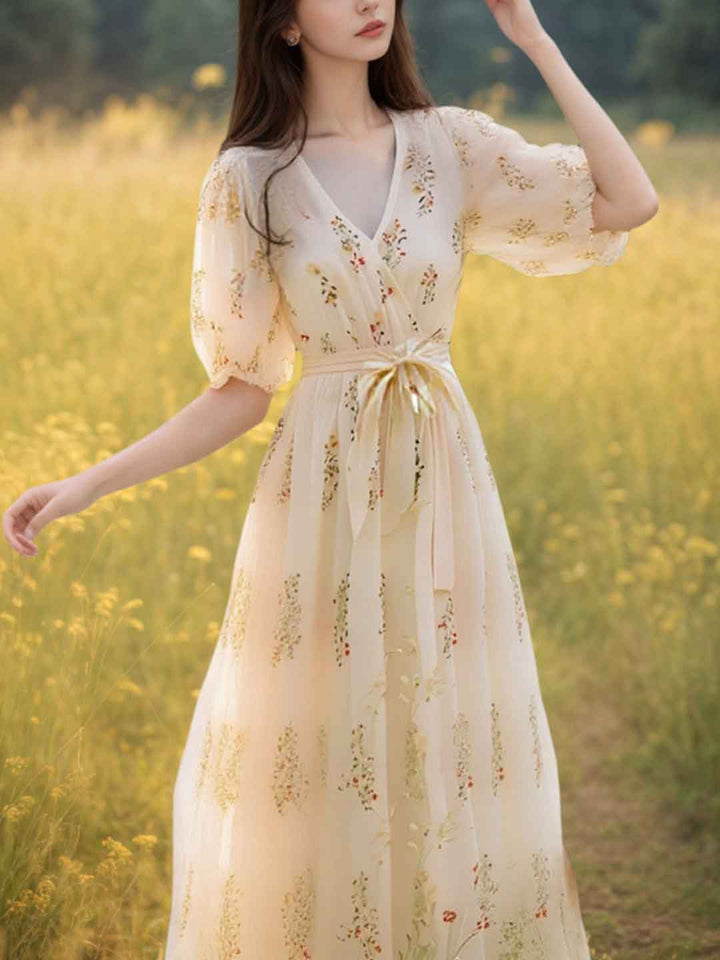 Selina Vacation V-Neck Puff Sleeve Floral Dress