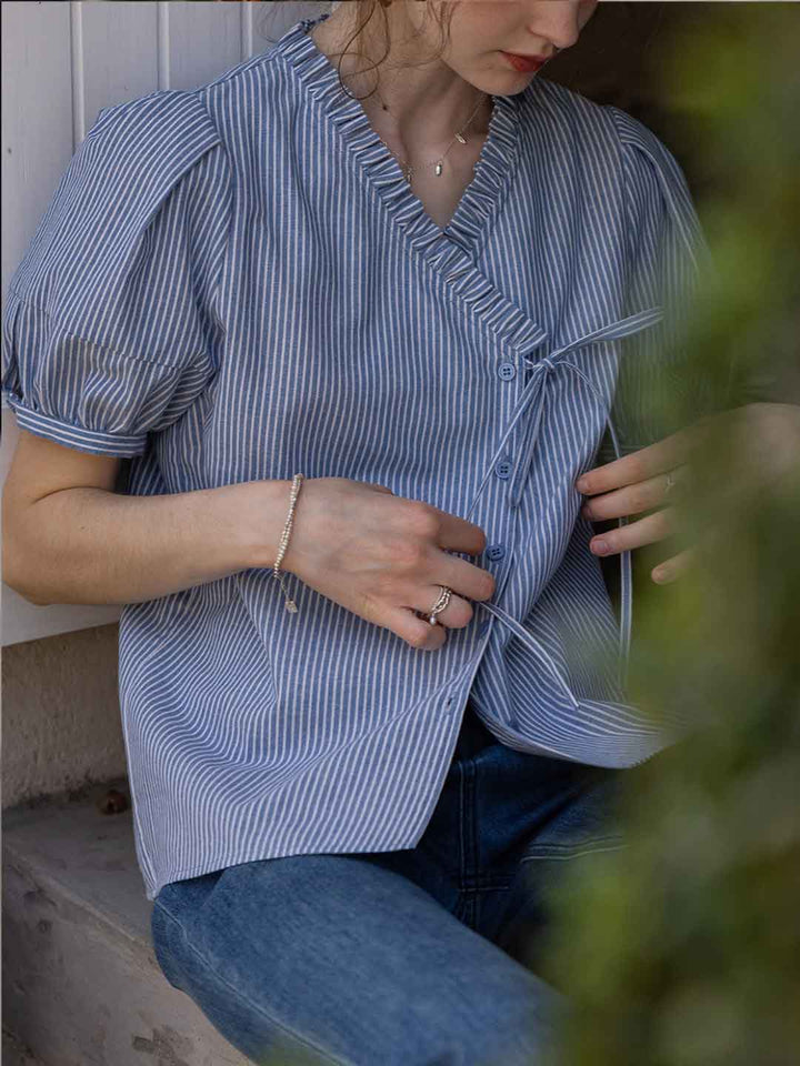 Sofia Retro V-neck Puff Sleeve Asymmetrical Top