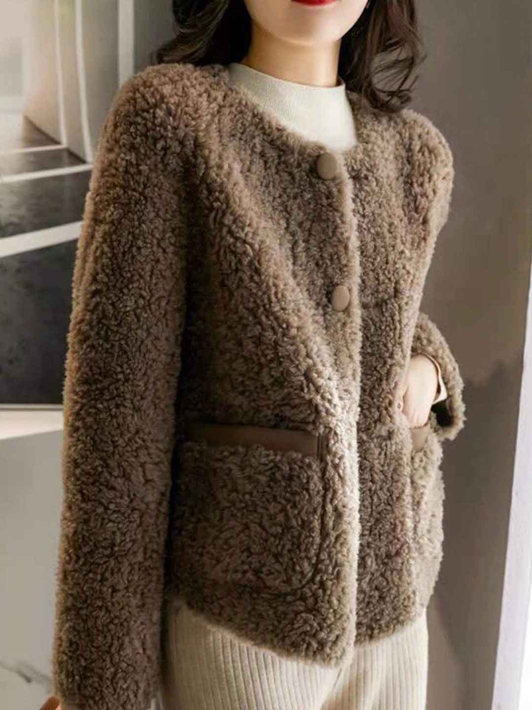 Riley Classic Crew Neck Solid Color Tweed Fleece Jacket