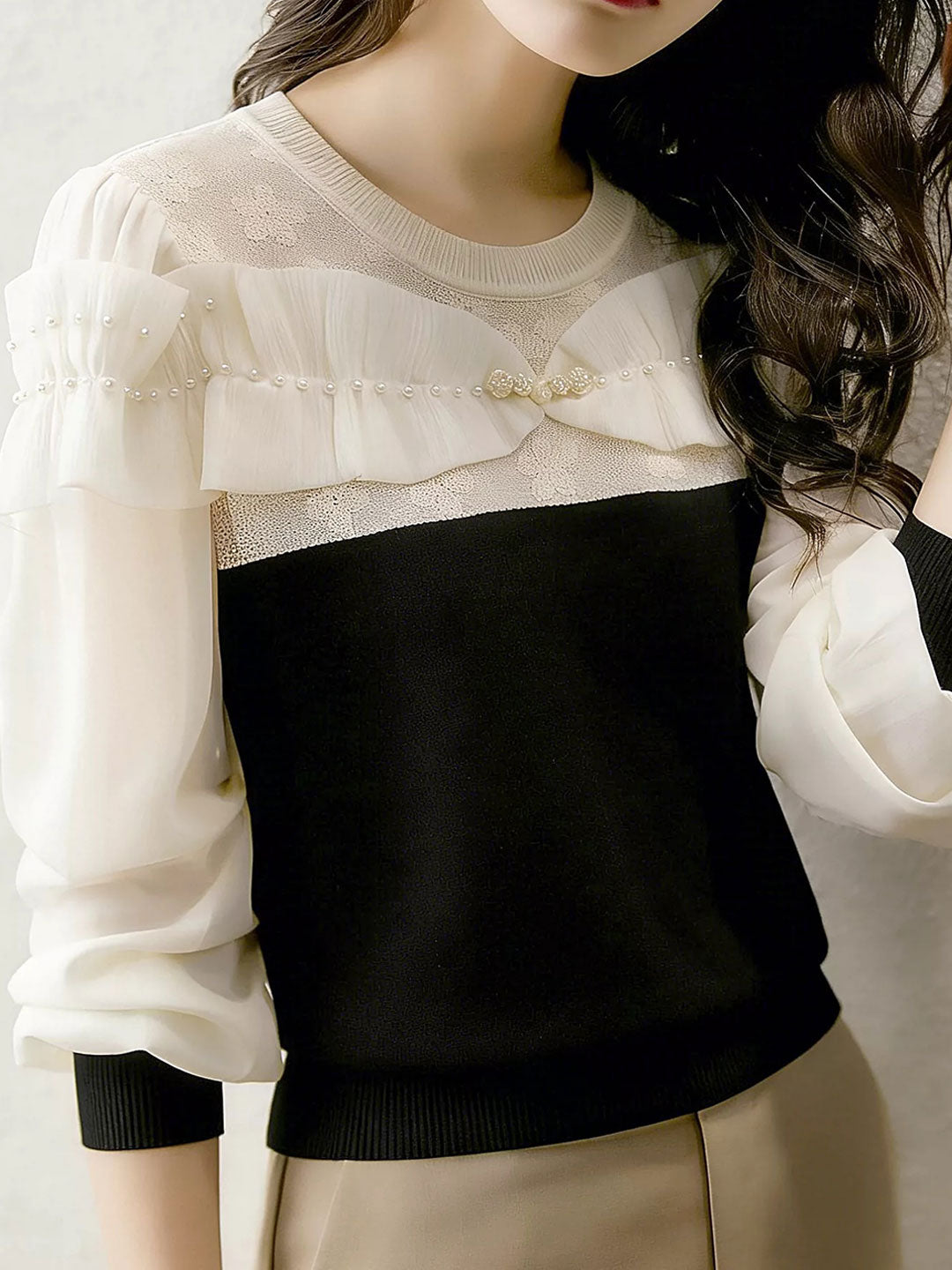 Vanessa Elegant Crew Neck Chiffon Lace Top