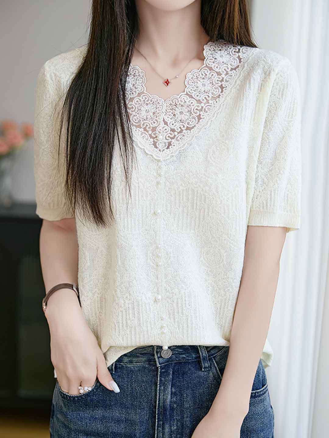 Rachel Casual V-Neck Jacquard Hollowed Knitted Top