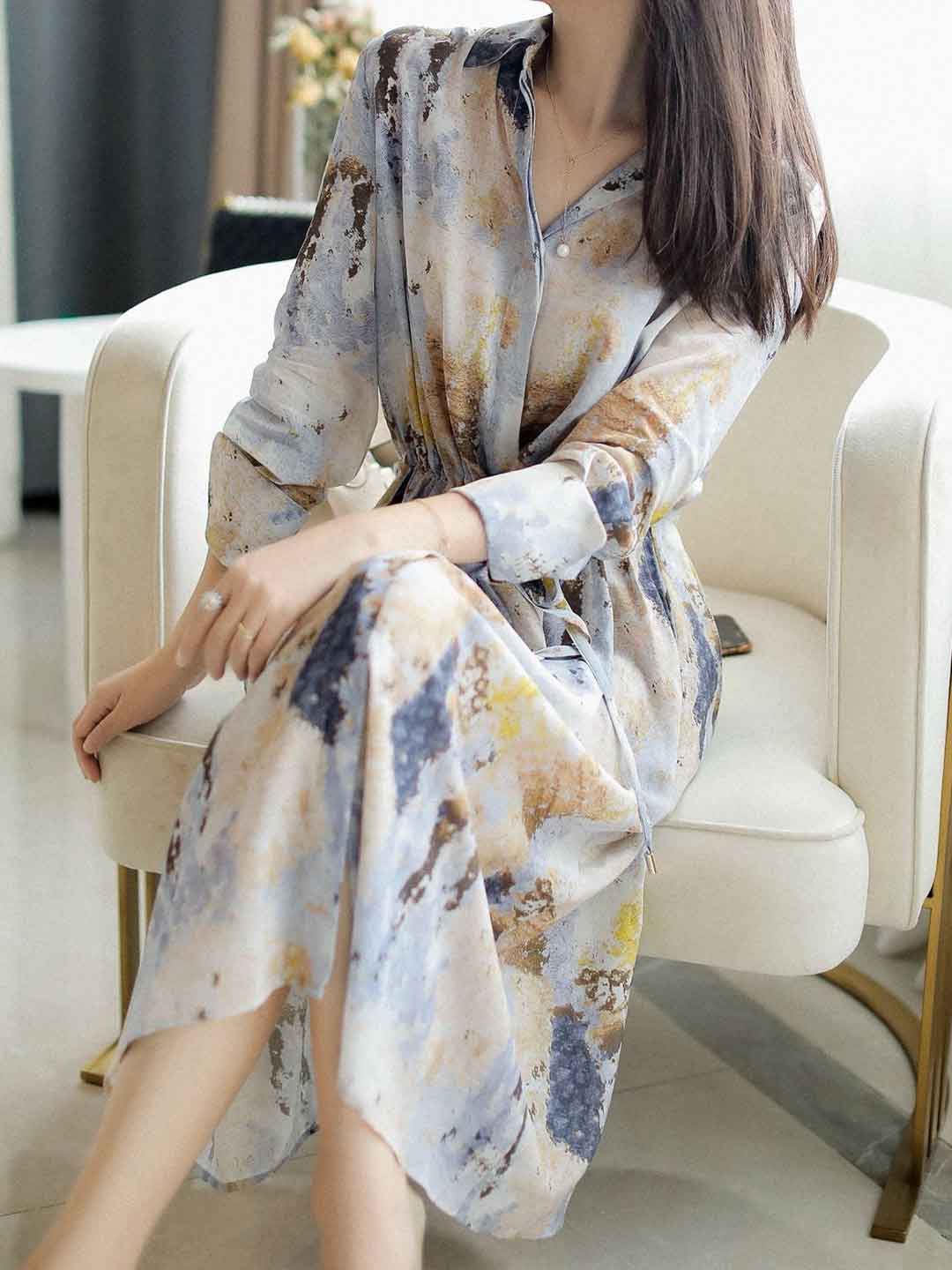 Natalie Classic Lapel Floral Printed Chiffon Dress