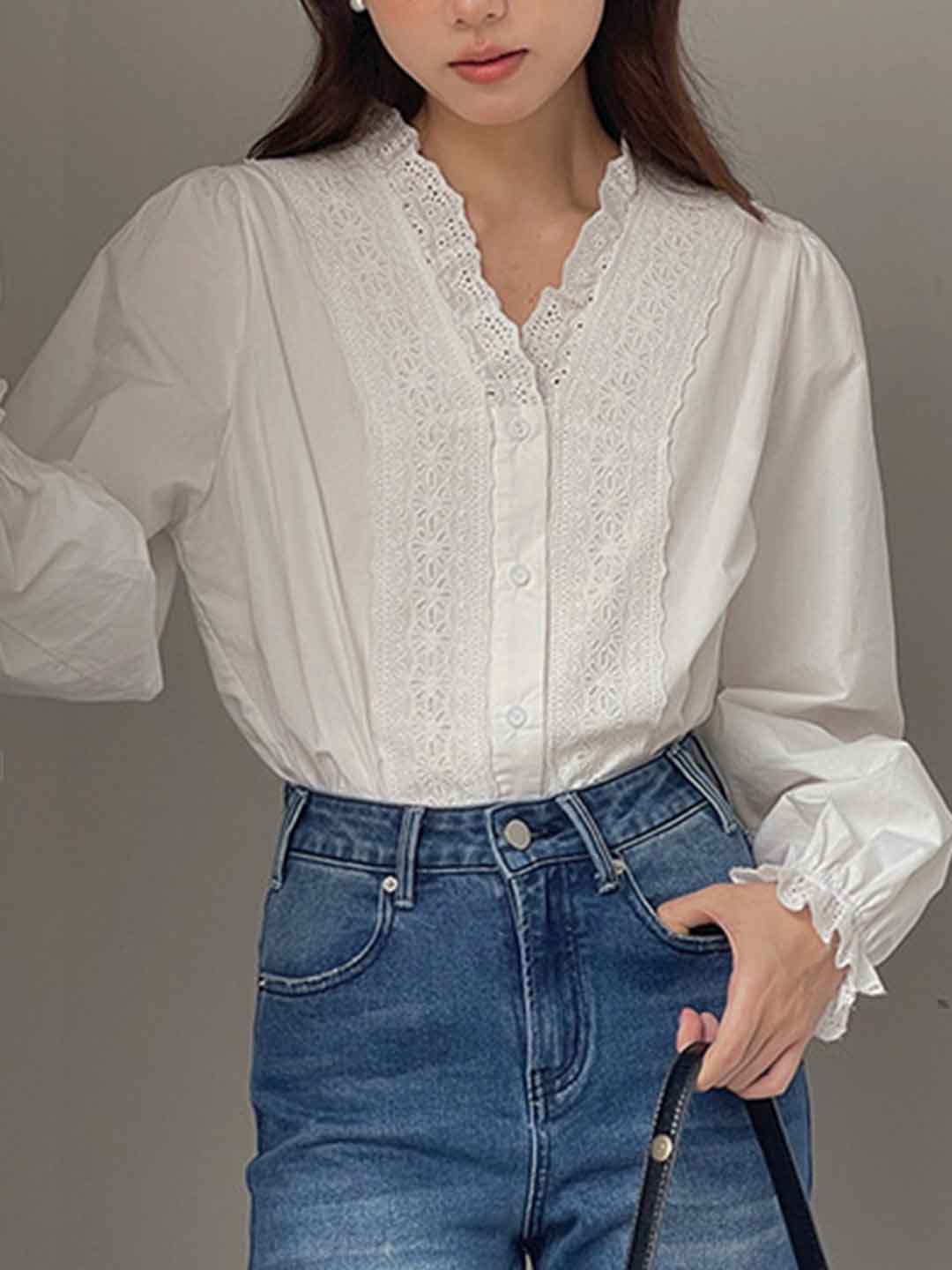 Mia Retro V-Neck Crocheted Lace Trim Top