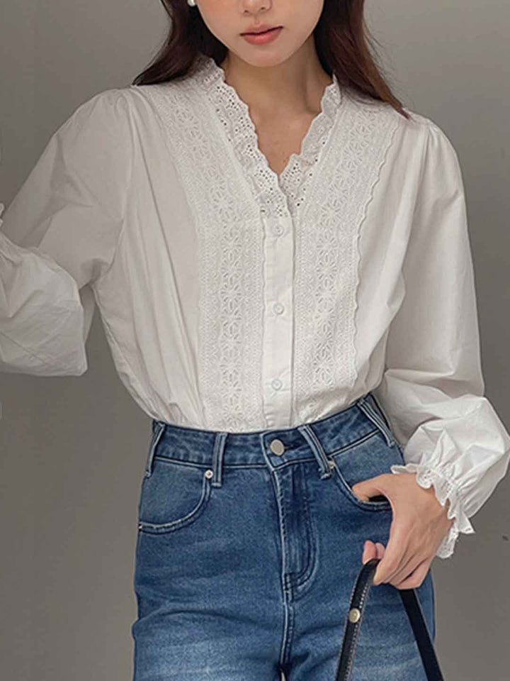 Mia Retro V-Neck Crocheted Lace Trim Top