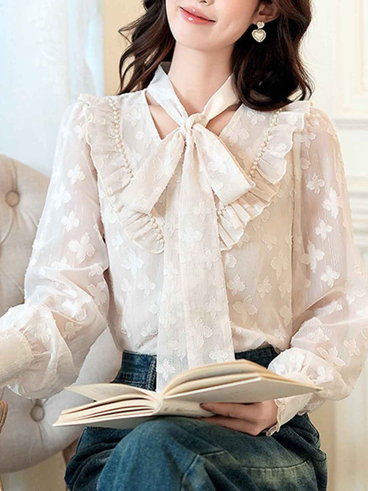 Lily Retro Tie Bow Lantern Sleeve Ruffle Chiffon Top