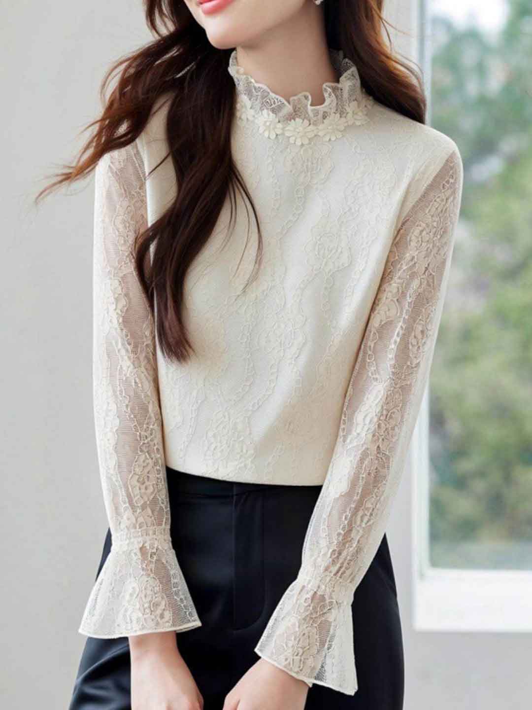 Ella Elegant Auricular Collar Lace Chiffon Top