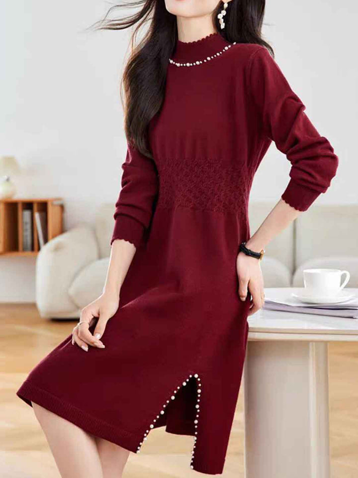 Victoria Casual Turtleneck Beaded Knitted Sweater Dress