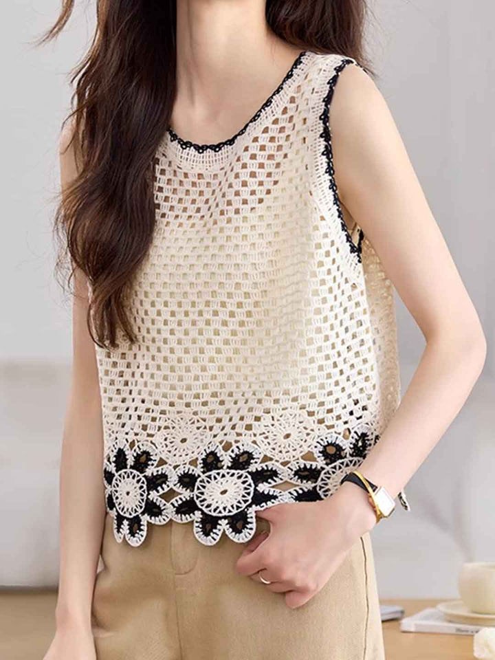 Valeria Retro Crochet Hollowed Contrast Color Knitted Vest
