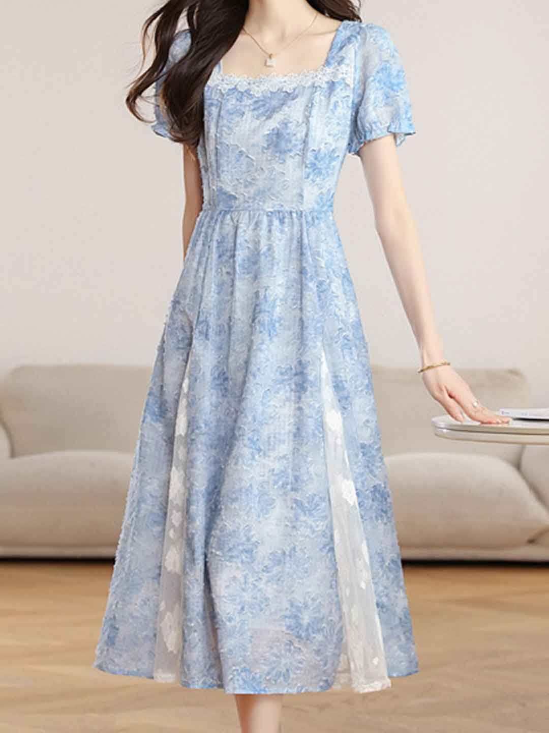 Emma Elegant Square Neck Jacquard Waisted Dress