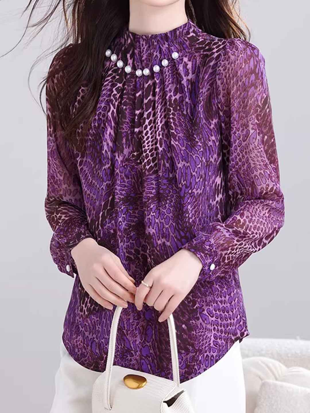 Avery Loose Stand Collar Beaded Printed Top