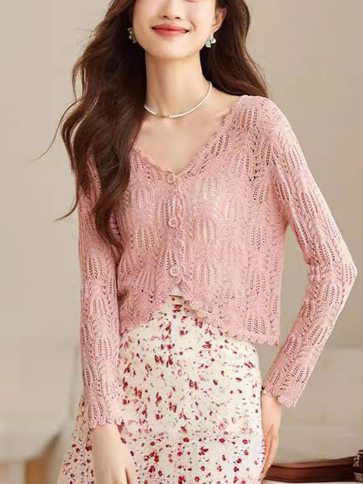 Emma Elegant V-Neck Hollowed Ice Silk Knitted Cardigan