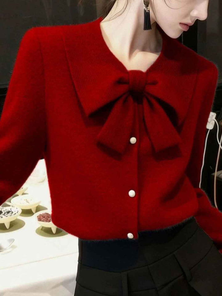 Natalie Elegant Lapel Solid Color Bow Knitted Sweater