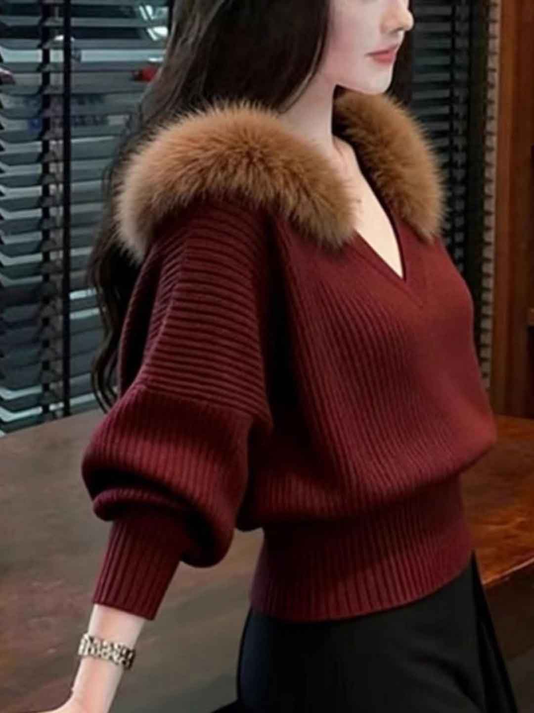 Mia Loose V-Neck Patchwork Knitted Sweater