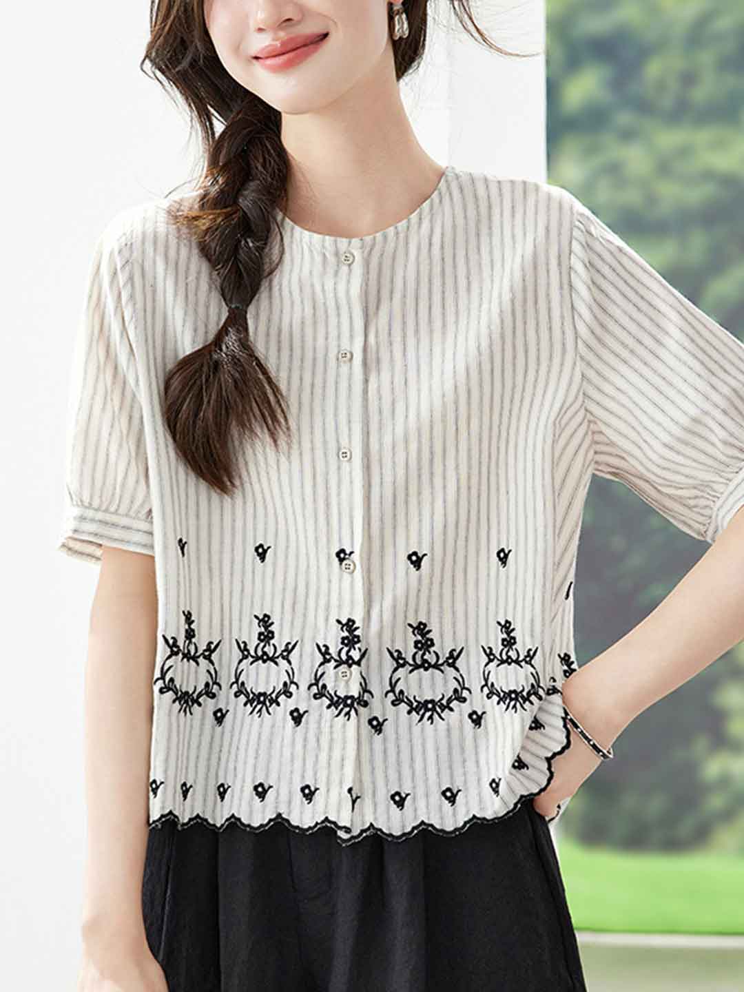 Mia Loose Crew Neck Striped Embroidered Top