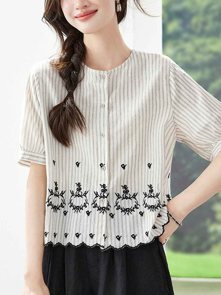 Mia Loose Crew Neck Striped Embroidered Top