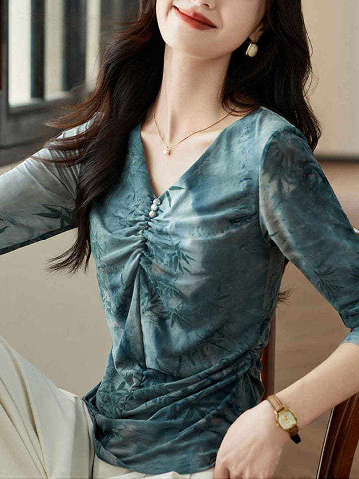 Alexis Classic V-Neck Printed Pleated Mesh Top
