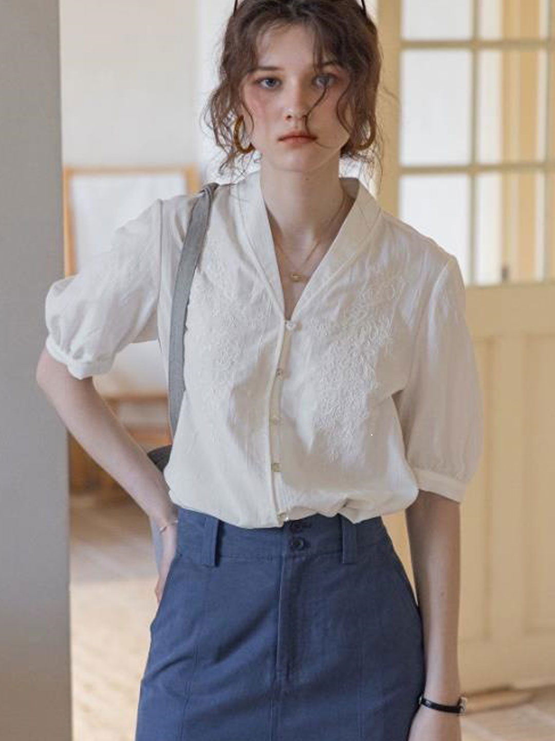 Sofia Daily V-Neck Solid Color Textured Blouse