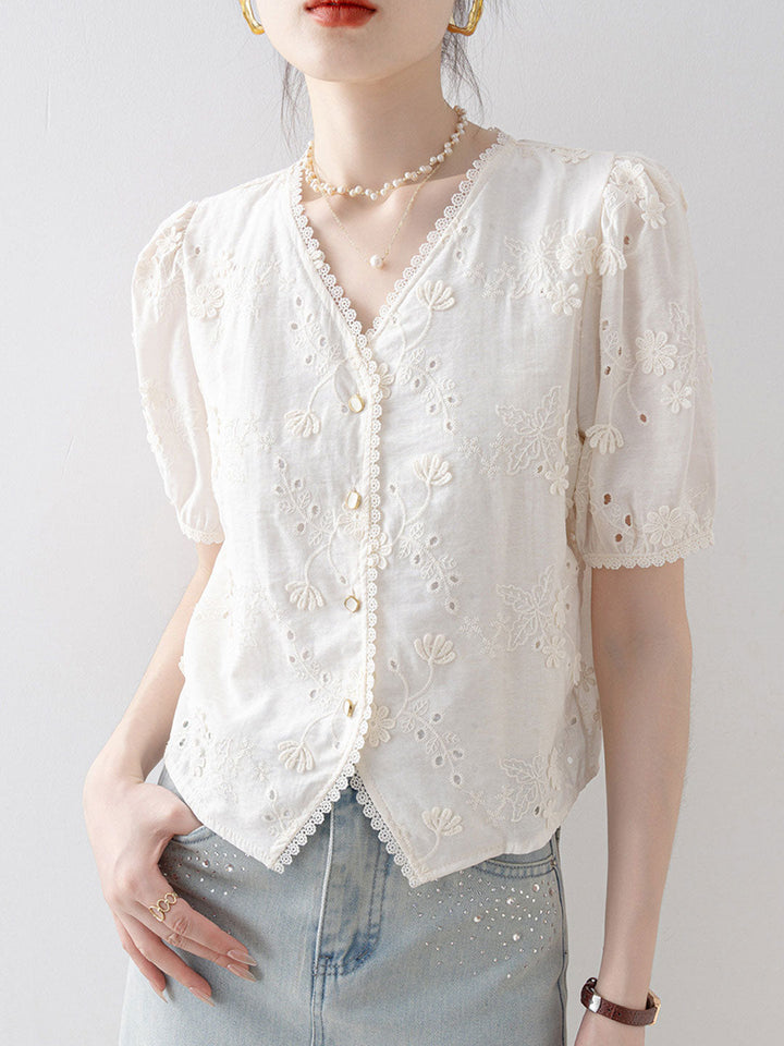 Grace Daily V-Neck Lace Hollowed Blouse