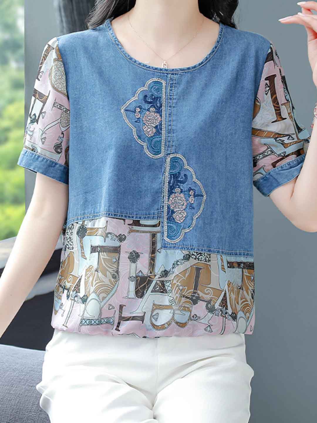 Olivia Loose Crew Neck Embroidered Denim Patchwork Top