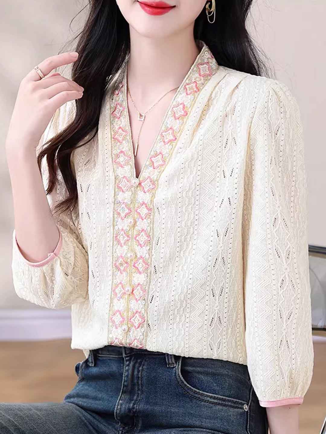 Evelyn Classic V-Neck Embroidered Blouse