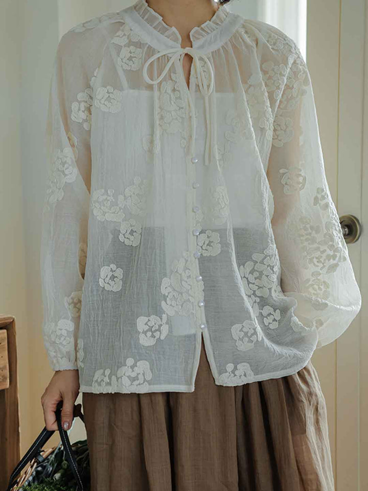 Maria Classic Crew Neck Hollowed Embroidered Lace Shirt