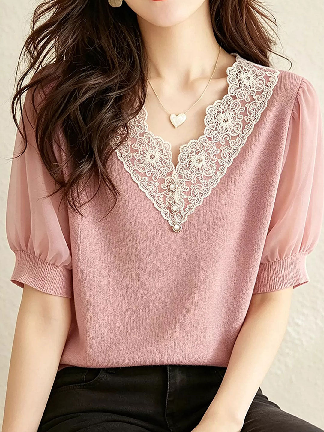 Zoey Casual V-Neck Lace Trimmed Top