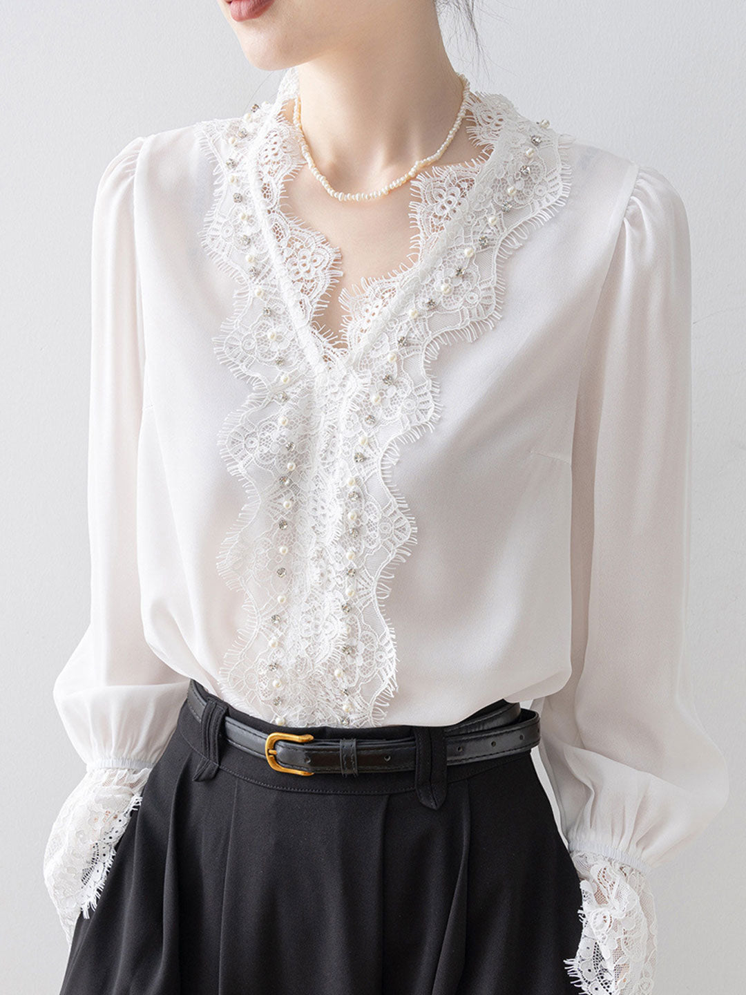 Lily Elegant V-Neck Lace Trimmed Blouse