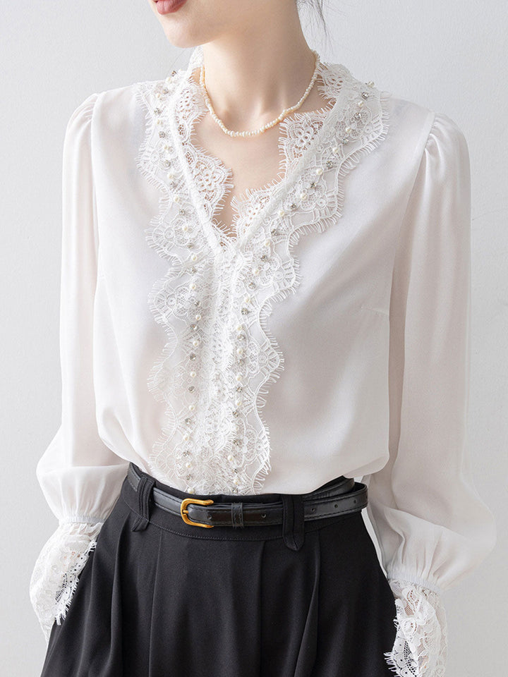 Lily Elegant V-Neck Lace Trimmed Blouse