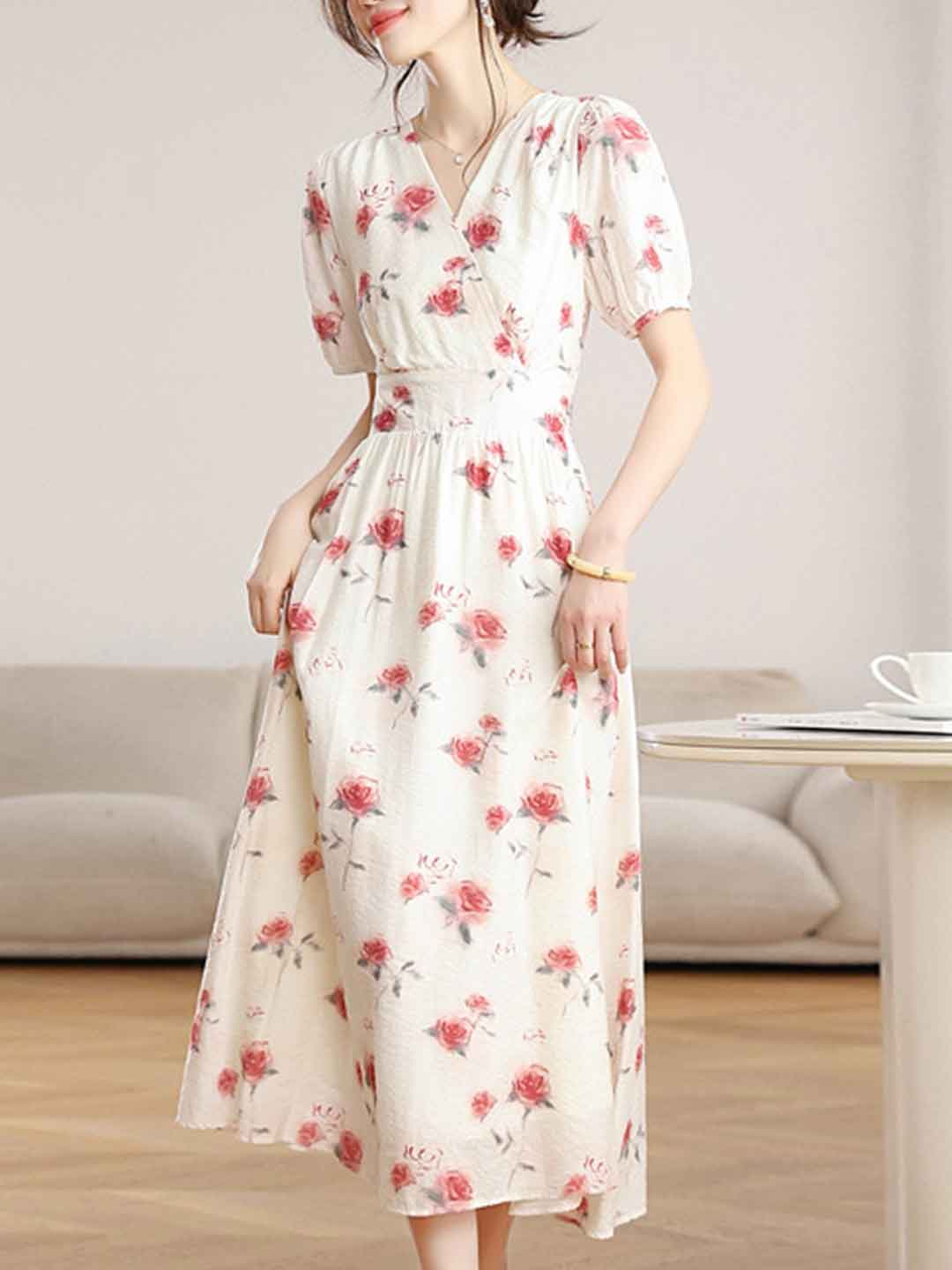 Mia Vacation V-Neck Puff Sleeve Floral Dress