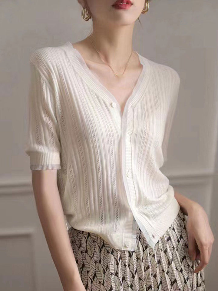 Genesis Elegant V-Neck Lace Stitching Knitted Cardigan-White