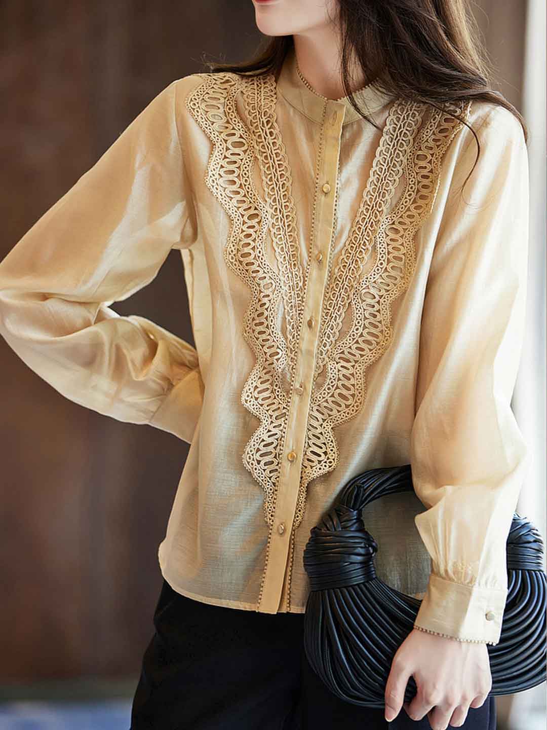 Evelyn Classic Stand-Up Collar Lace Trim Top