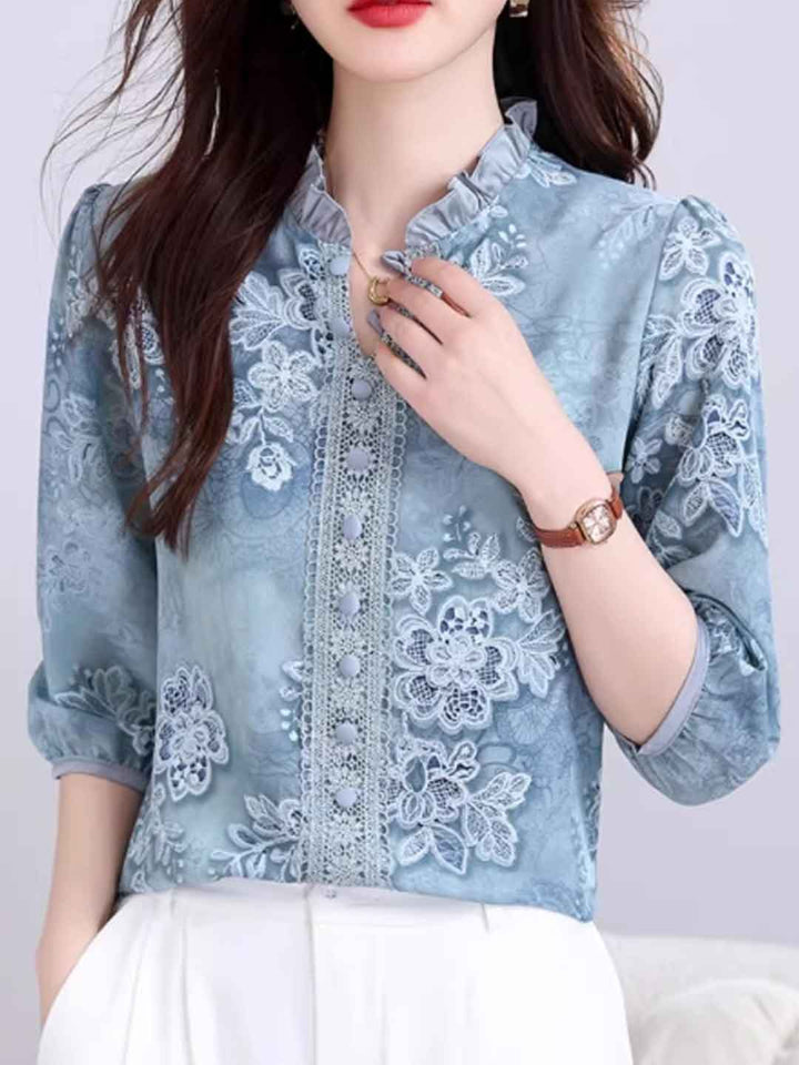 Taylor Classic Auricular Collar Printed Chiffon Top