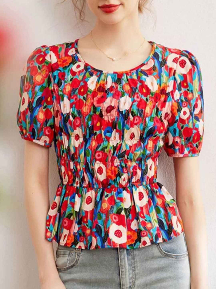 Ava Vacation Crew Neck Puff Sleeve Floral Printed Top